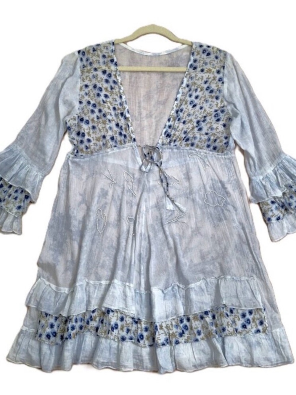 Boho Peasant Sz L Dress Beachy Ruffles Beaded Empire Waist ¾ Ruffled Sleeves